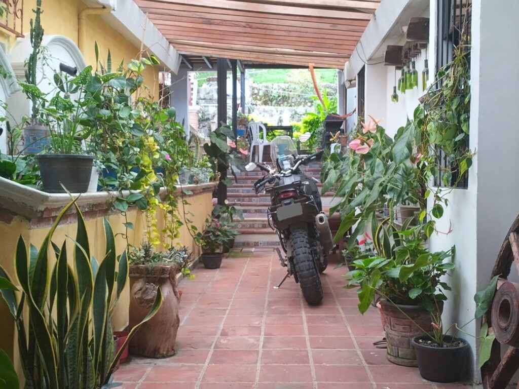 Motorcycle parked inside Guatamala hotel