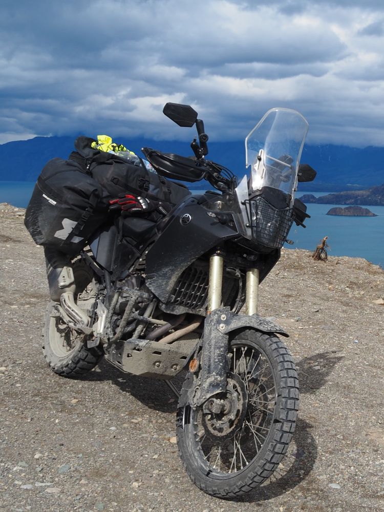 Yamaha Tenere 700 parked by Lago General Carrera, Chile